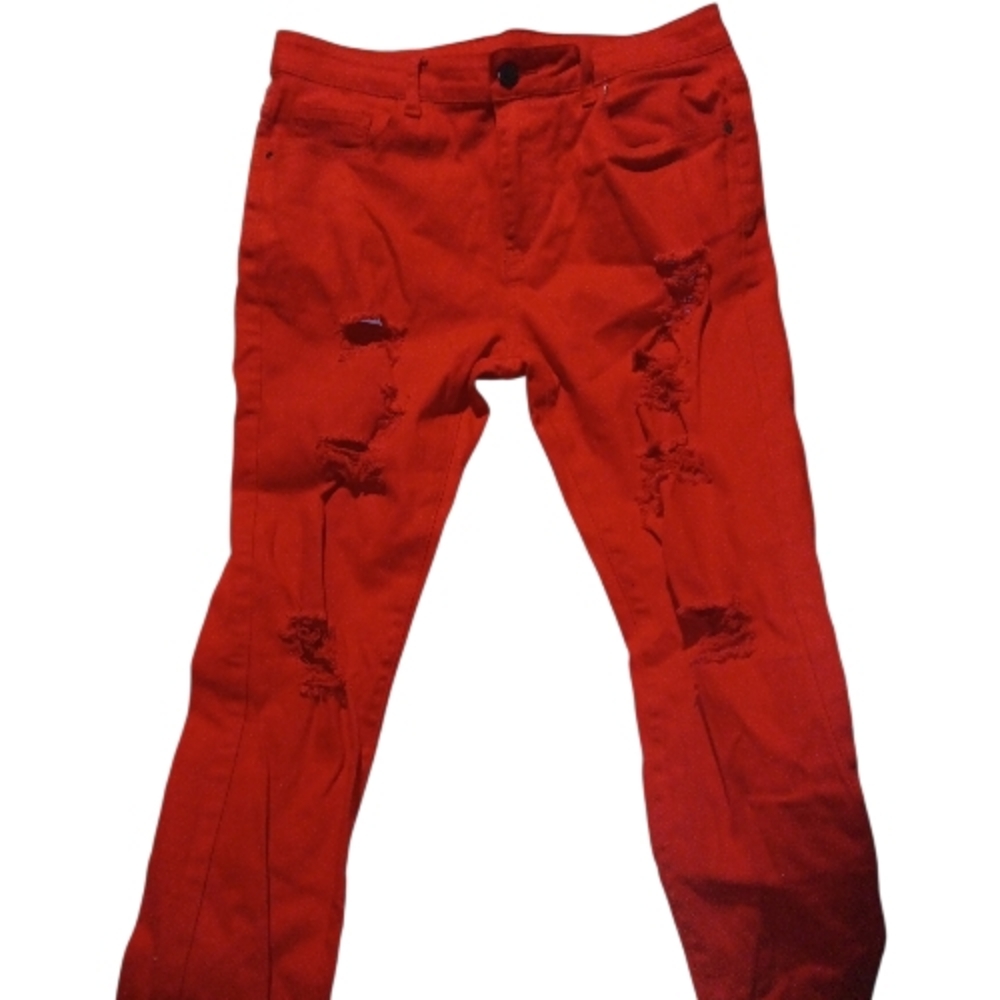 🦋Sylish Red Distressed Women Jeans Size 32=14 On Rack Of Live Show